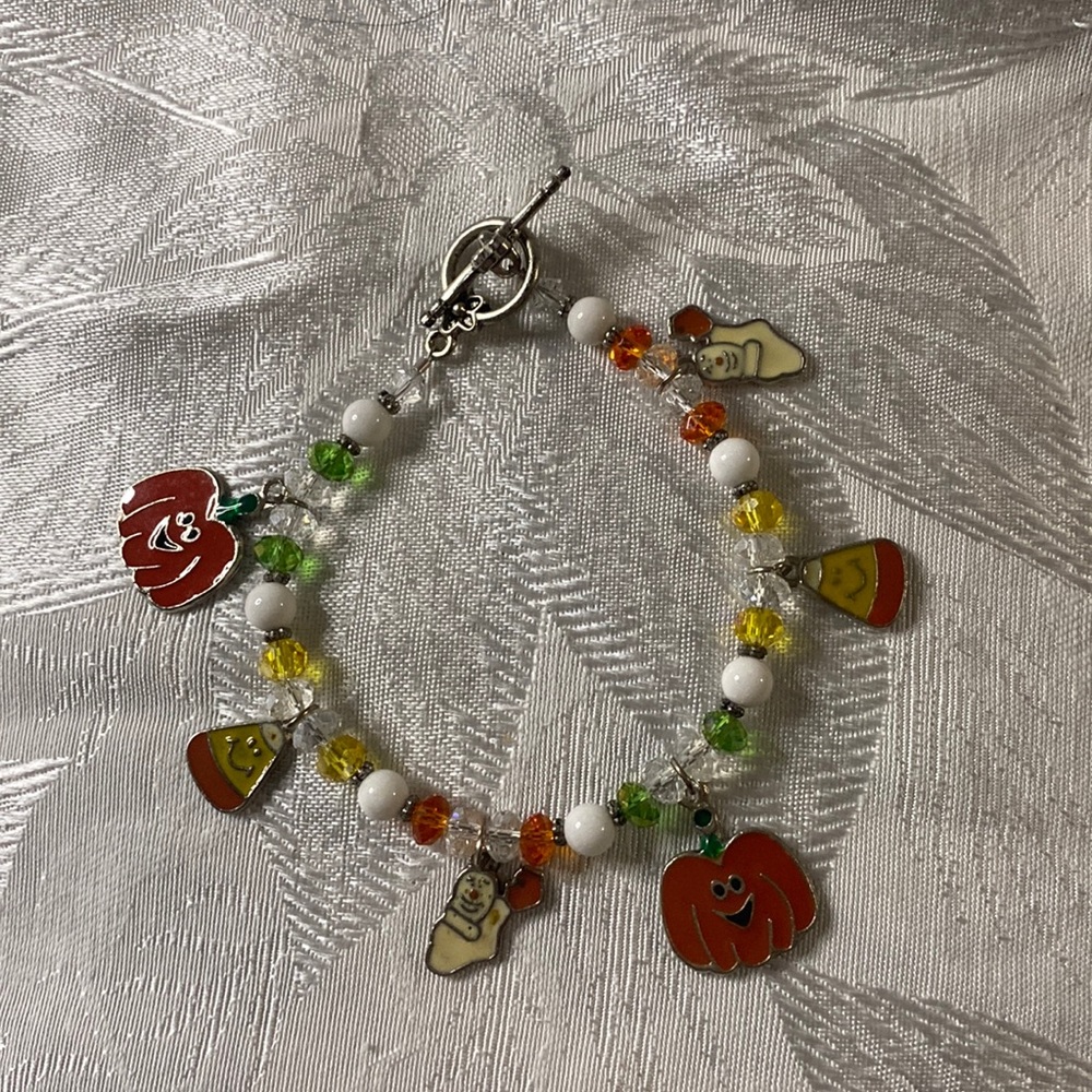 Handcrafted Small Halloween Charm Bracelet w/white agate and crystals